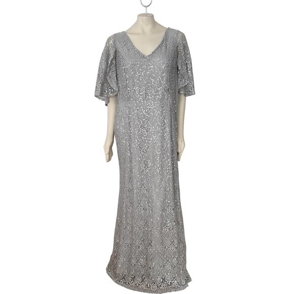 MARINA Silver Sequins & Lace Formal Maxi DressWeddingSZ 18W